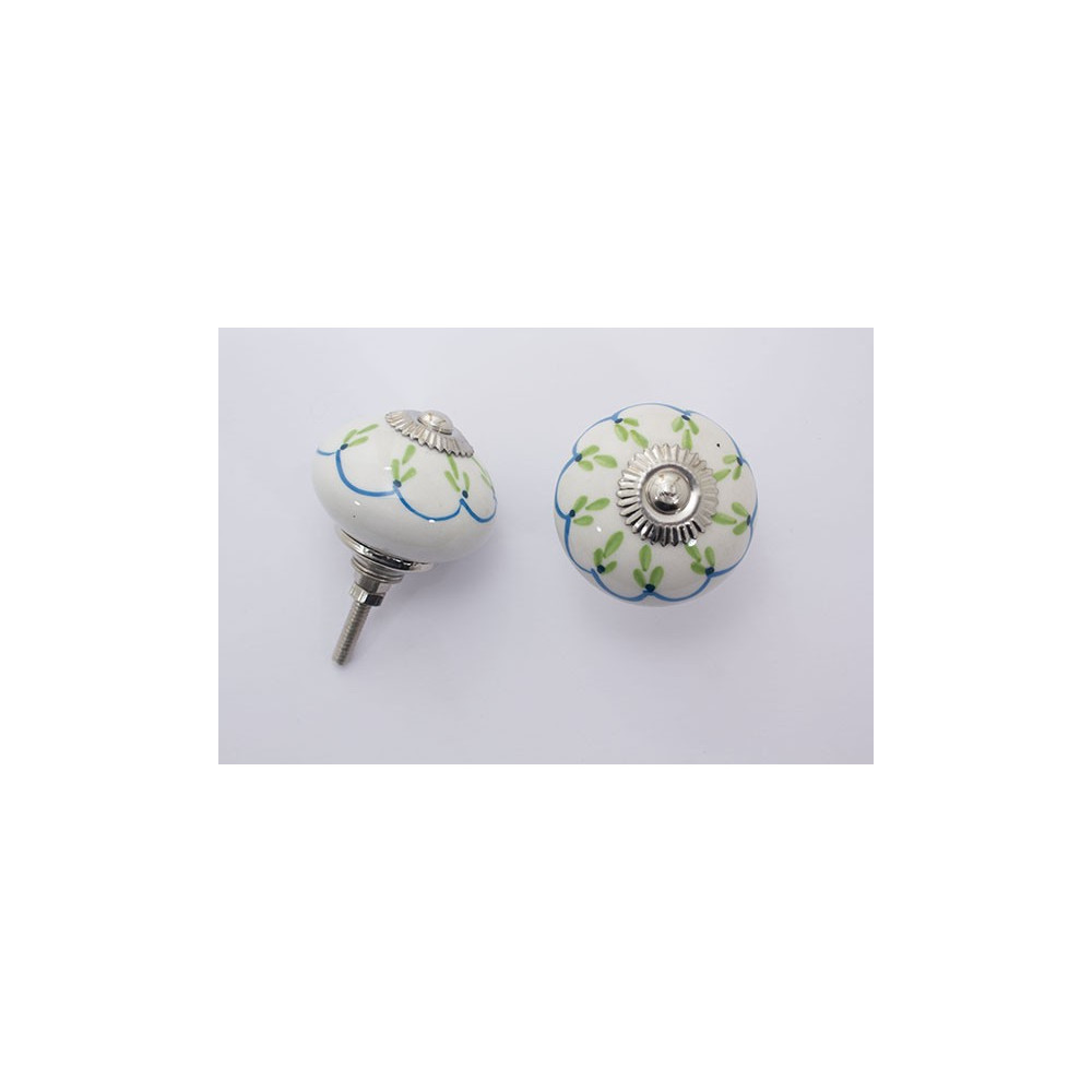 Porcelænsknop med blå og grøn mønster og sølv top